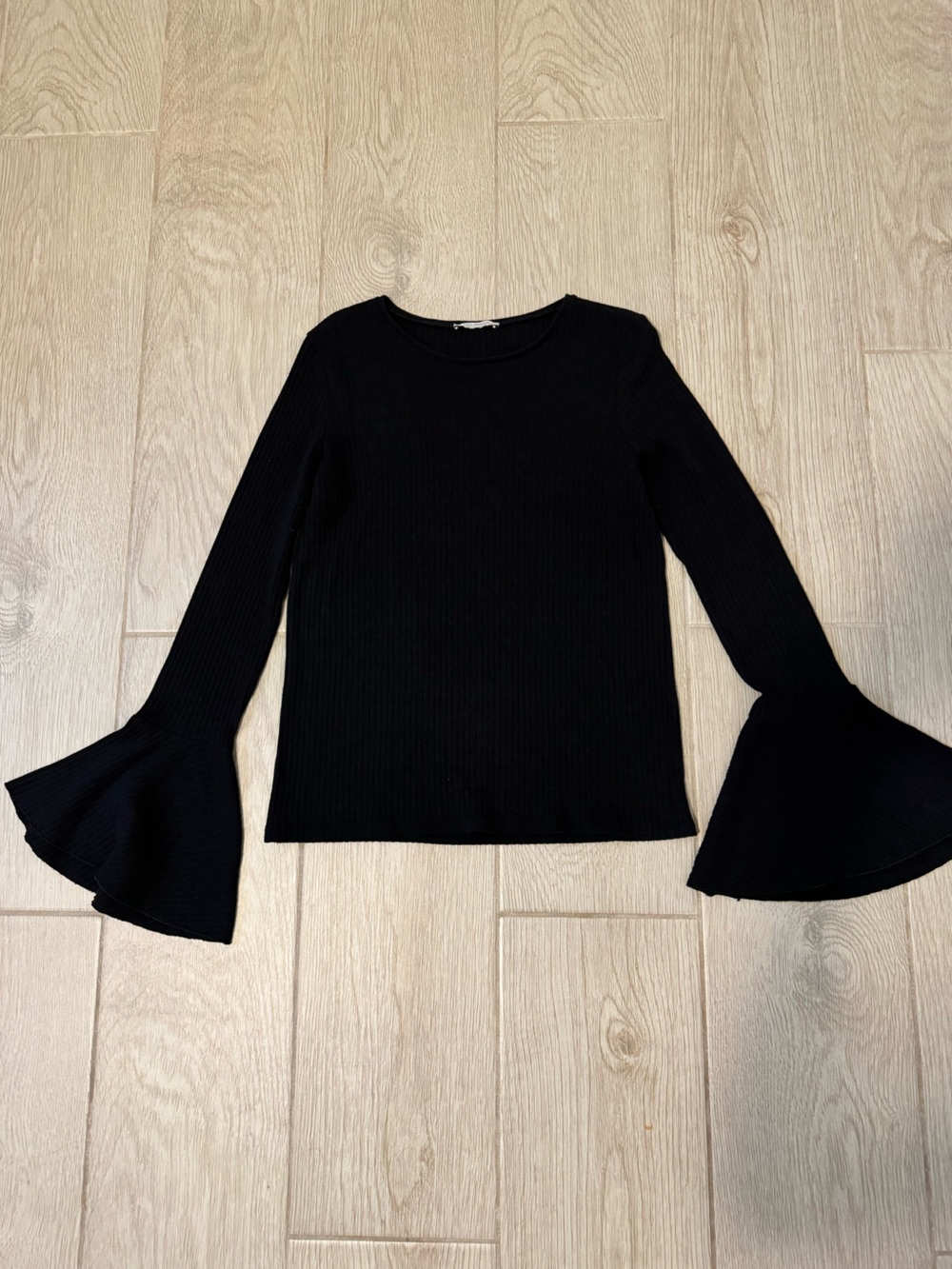 Zara Black Ribbed Bell-Sleeve Crewneck Sweater